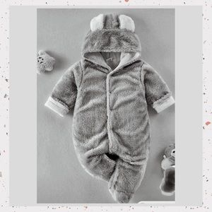 Gray Cozy Baby Plush Long Sleeve Faux Fur Jumpsuit With Bear Ears
